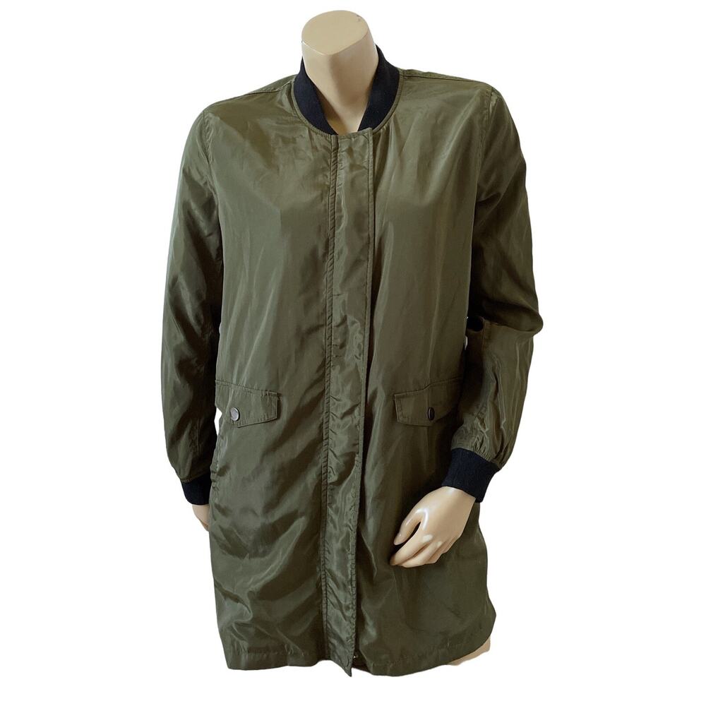 Papaya Green Bomber Jacket Womens Small Long Zip Snap Windbreaker Pockets